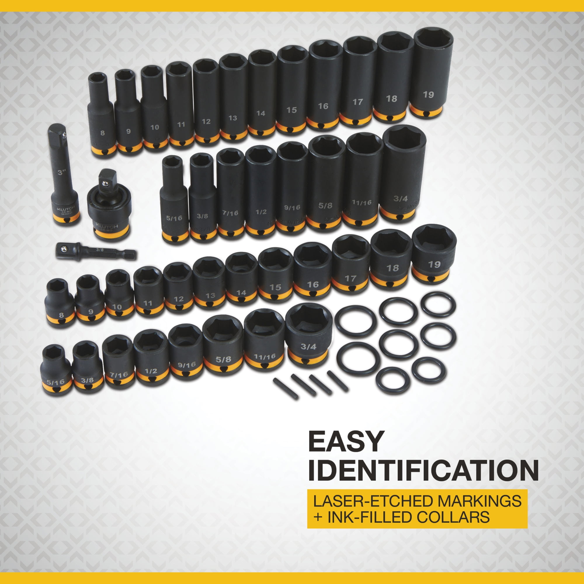 Klutch 3/8in.-Drive Chrome Molybdenum Impact Socket Set, 6-Point, Metric and SAE, 43-Pc.