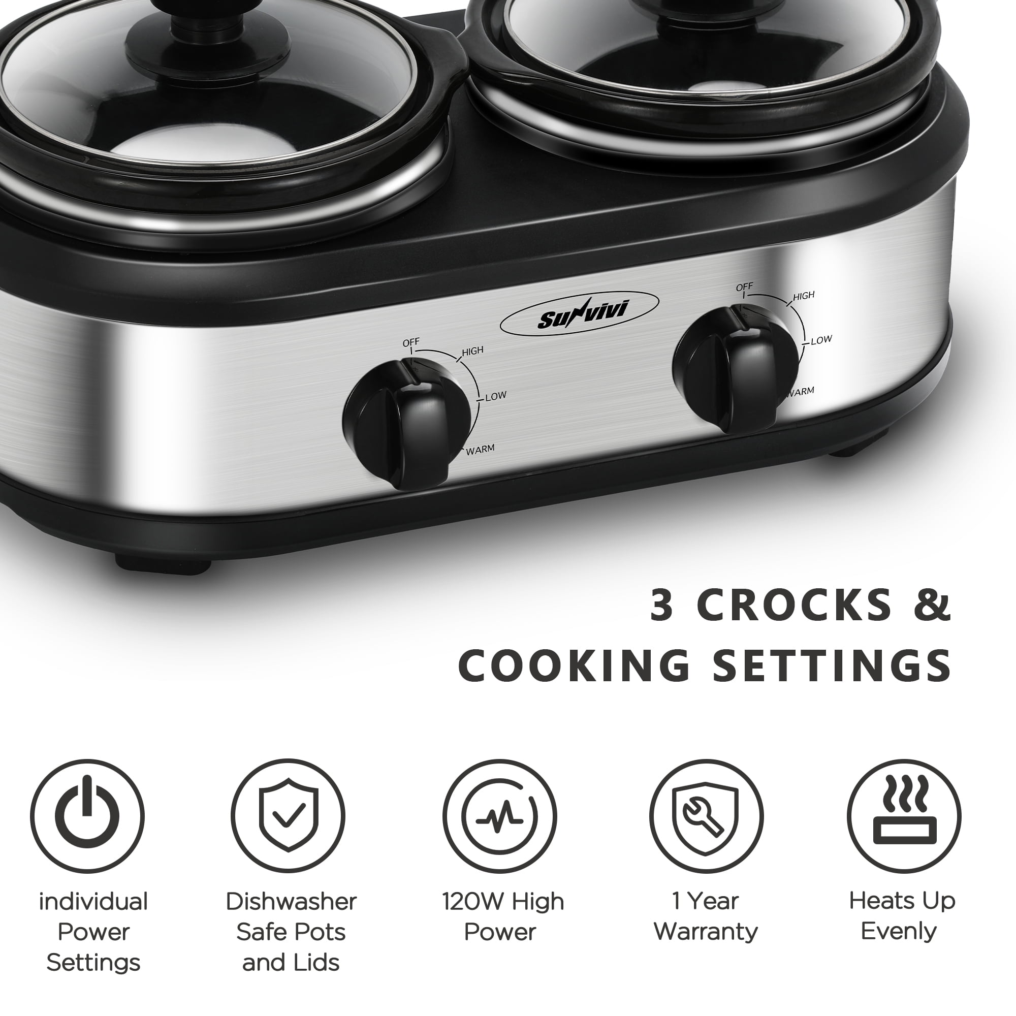 Royalcraft Double Slow Cooker,2 Pot Small Mini Crock Buffet Servers and  Warmer,Dual Pot Oval Manual Slow Cooker with Adjustable Temp Removable  Ceramic Pot,Stainless Steel, Total 2.5 Quarts Red 