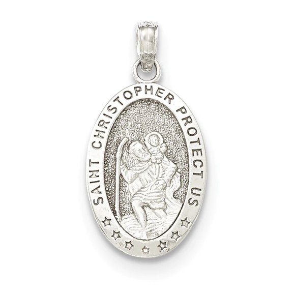 14k White Gold Polished Solid Saint Christopher Medal Oval Pendant K5082W