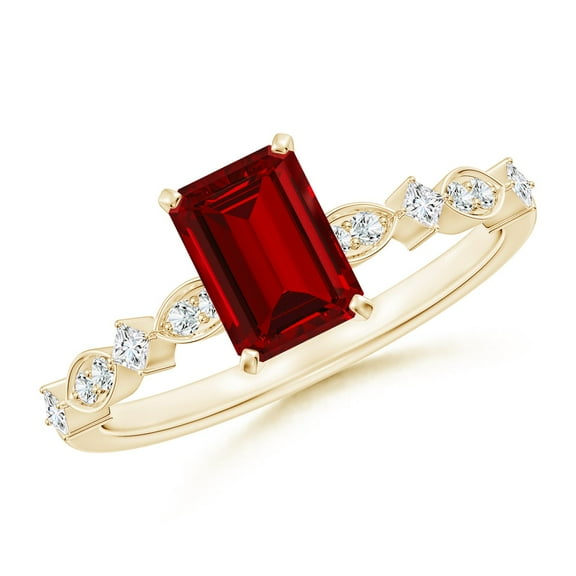 ANGARA Emerald-Cut Lab Grown 1 Ct Ruby Engagement Ring with Marquise Motifs in 14K Yellow Gold for Women (Size-7x5mm) | July Birthstone, Anniversary, Jewelry Gift for Women | Lab Grown Ruby Ring