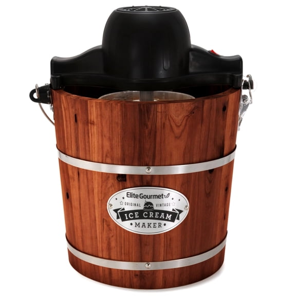 Elite Gourmet EIM418 Old Fashioned 4 Quart Vintage Walnut Wood Bucket, Electric Ice Cream Maker Machine, Uses Ice and Rock Salt Churns Ice Cream in M