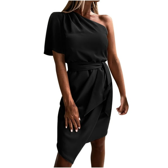 Bigersell Summer Dresses for Women 2023 Casual Fashion Women Casual Solid Strapless Short Sleeve Bandage Irregular Dress Wedding Guest Dresses Regular Mini Dresses, Style 31010, Black S