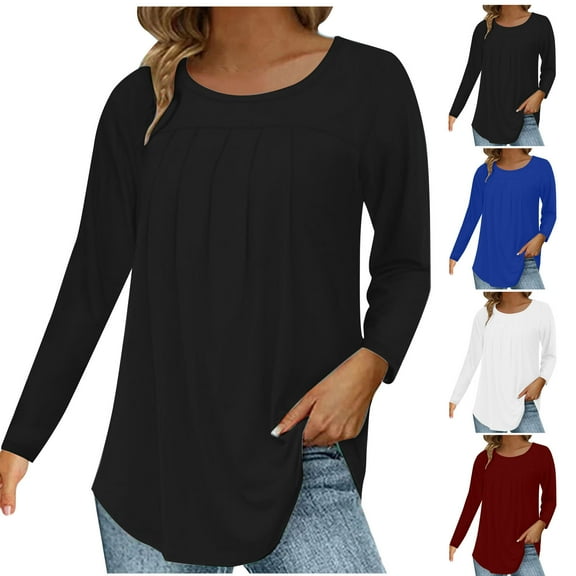 ATOYSOY Women's Workout Solid Color Pullover Spring Long Sleeve Shirts Winter Casual Blouse Pleated Fashion Round Neck Sweatshirts Loose Tops Dressy Tunic Black L