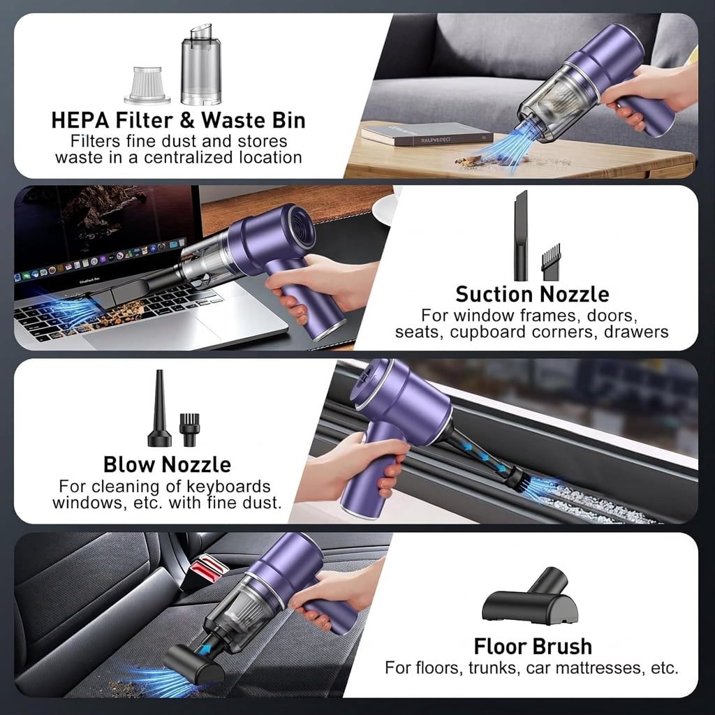 Handheld Car Vacuum Cleaner Cordless, 2 in 1 Vacuum and Air Duster, Rechargeable Portable Mini Vacuum with Multi Nozzles and LED Light for Car, Home and Office