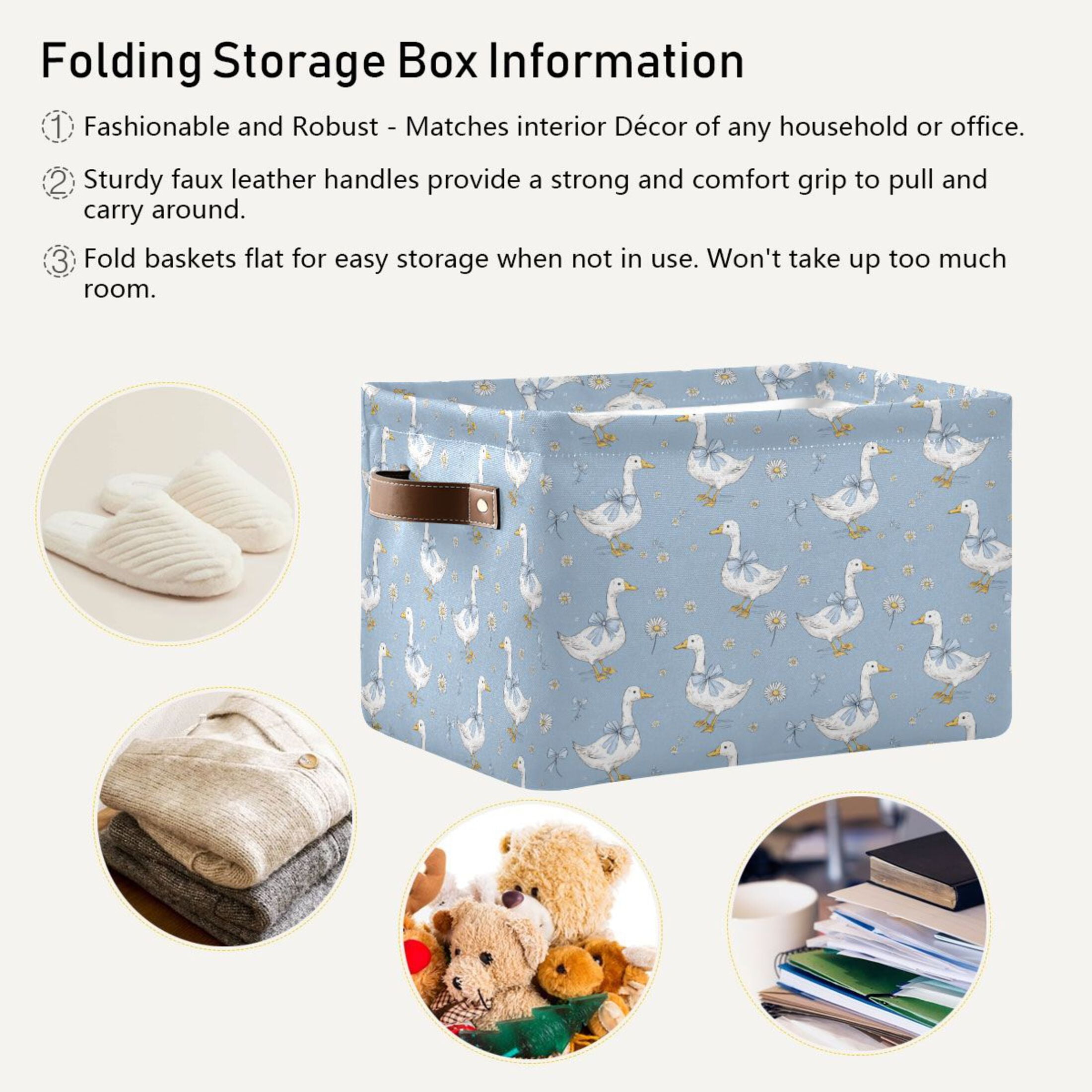 Foldable Storage Basket,Canvas Fabric Foldable Storage Bins with Handles Open Home Storage Bins Boxes for Toy Book Shelf Closet Baskets Cute Geese and Daisies