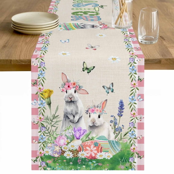 Easter Table Runner 48 Inches Long Farmhouse Dress Scarves, Spring Bunny Botanical Flowers Herbs Eggs Plaid Dining Tablerunner for Coffee Table/Kitchen Island/Party Décor, 13" x 48"
