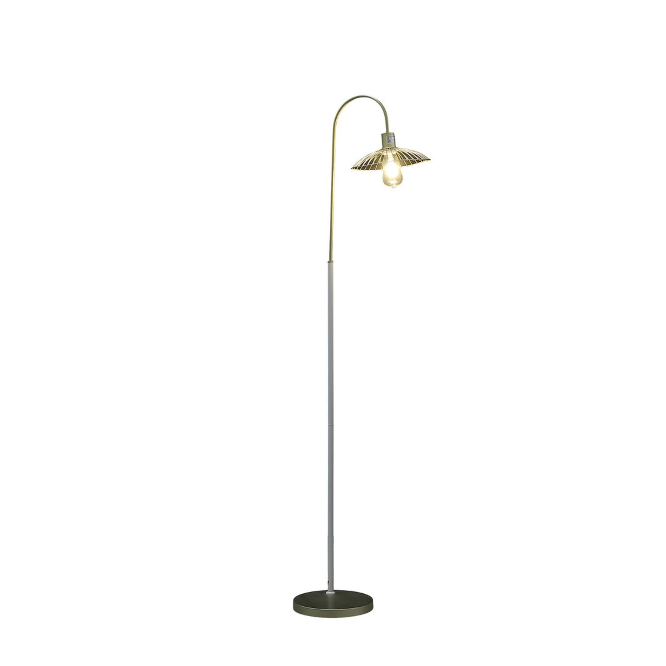 Noble House 64.25" Industrial Cage Floor Lamp, Satin Shade, White Pole, E26 Light Bulb, Matte Gold and White