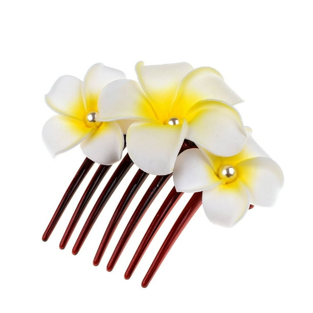 Love Sweety - Pinzas para el pelo con perlas hawaianas de plumeria para mujer, peine lateral, pasadores de flores para fiesta en la playa (peine blanco)