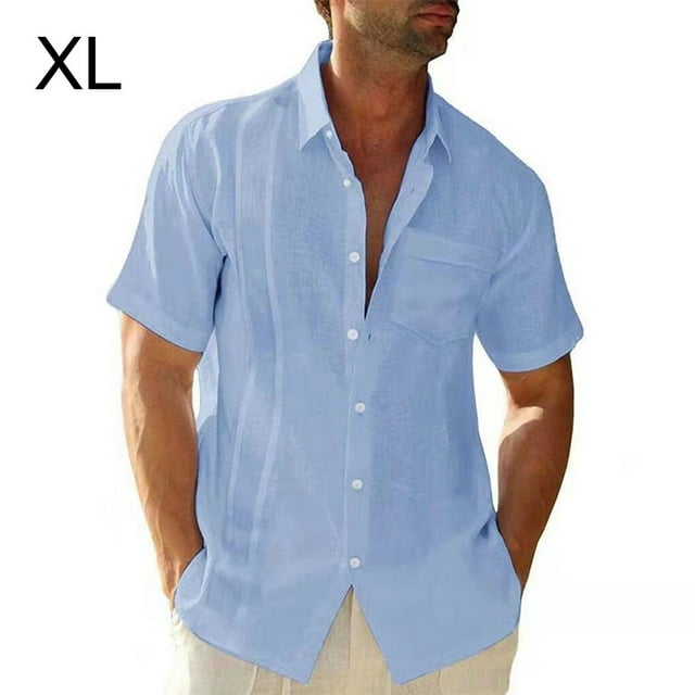 pitrice Traveling Casual Style Men's Button Down Shirt Summer Pool Party Solid Color Simple Design Slim Fit Tops Daily Clothes Light Blue XL