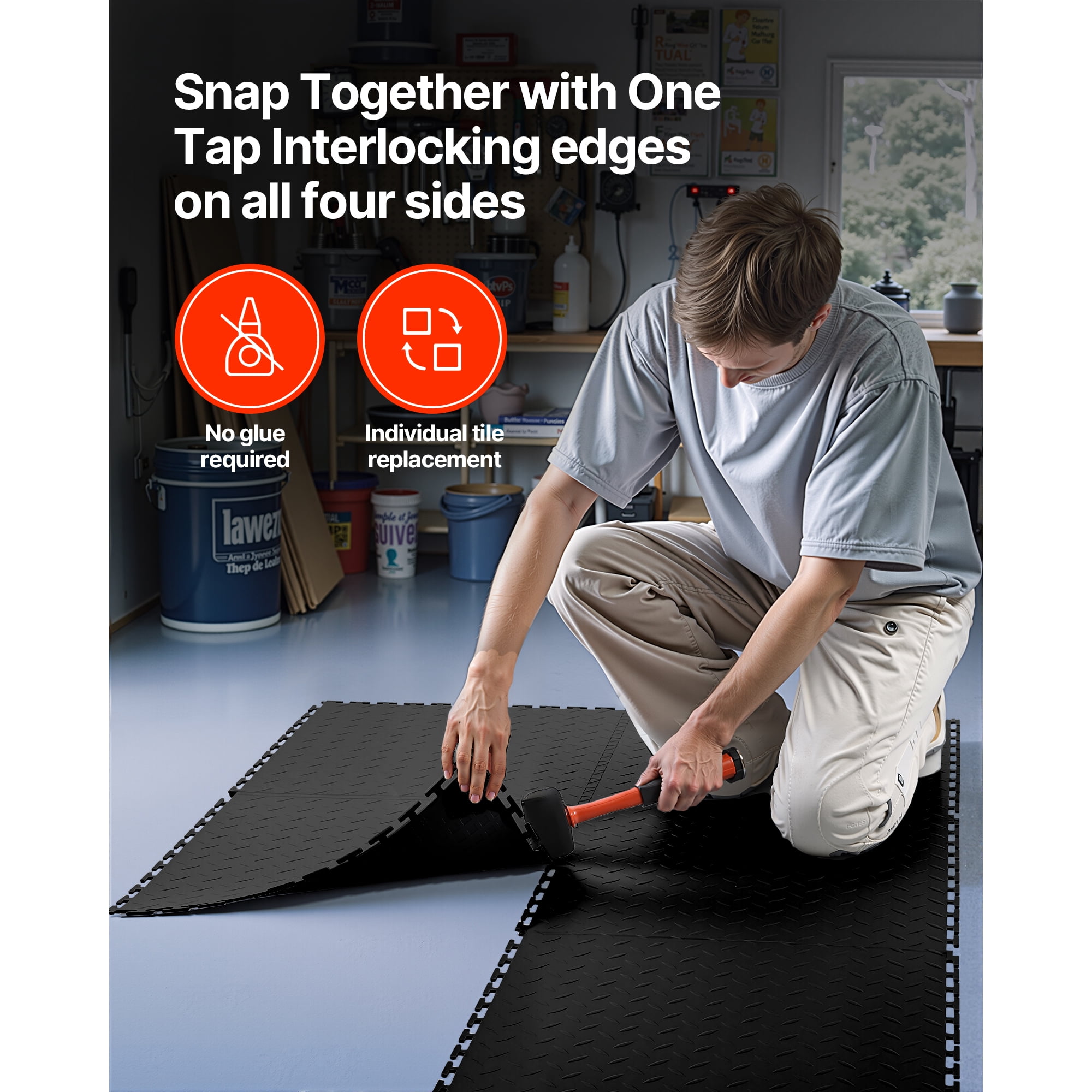 KFFKFF Interlocking Garage Floor Tiles, 16 Pack 20.2 x 20.2 x 0.2 in Modular Slip-Resistant PVC Flooring, Diamond Plate Design for Workshops, Warehouses, and Tool Rooms, Black