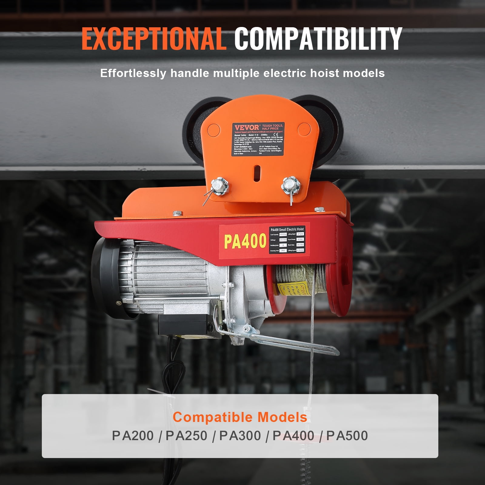 KFFKFF Electric Hoist Manual Trolley 2200 lbs/1 Ton 2.68"-4.33" I-Beam Adjustable