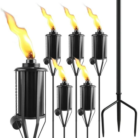 6 Pack Home Garden Torch, Large Capacity 16oz Outdoor Metal Torch Garden Décor,59-Inch Upgraded Citronella Torches with 3-Prong Grounded Stake, Table Top Torches for Party Patio Pathway