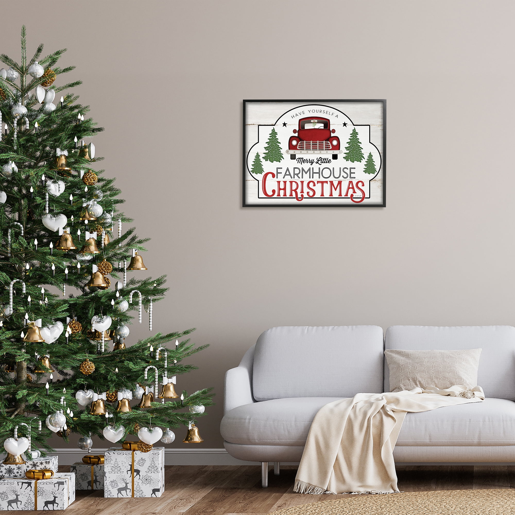 Merry Little Farmhoe Christmas Red Truck Tree Forest 30 in x 24 in Framed Painting Art Prints, by Stupell Home Décor