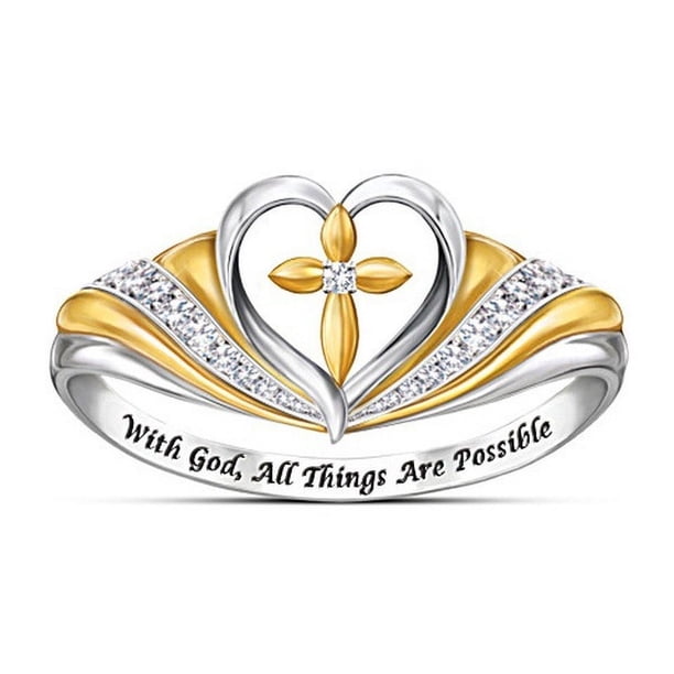 Anillo con microincrustaciones en forma de corazón europeo y americano con Dios anillo bicolor para mujer