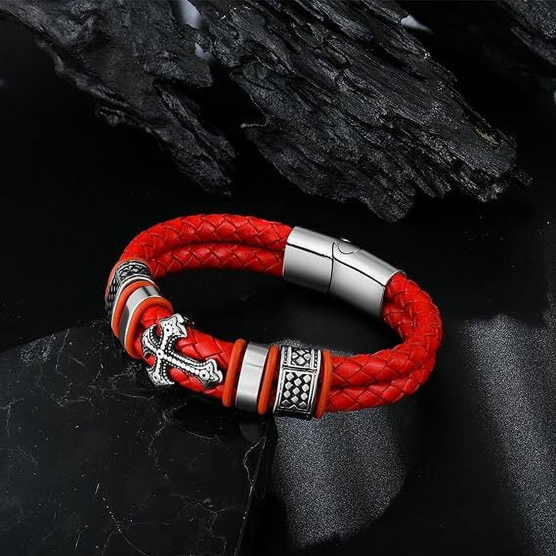 Raymard Mens Christian Cross Double Row Leather Bracelet - 8.1" Red Braided Bracelet for Men