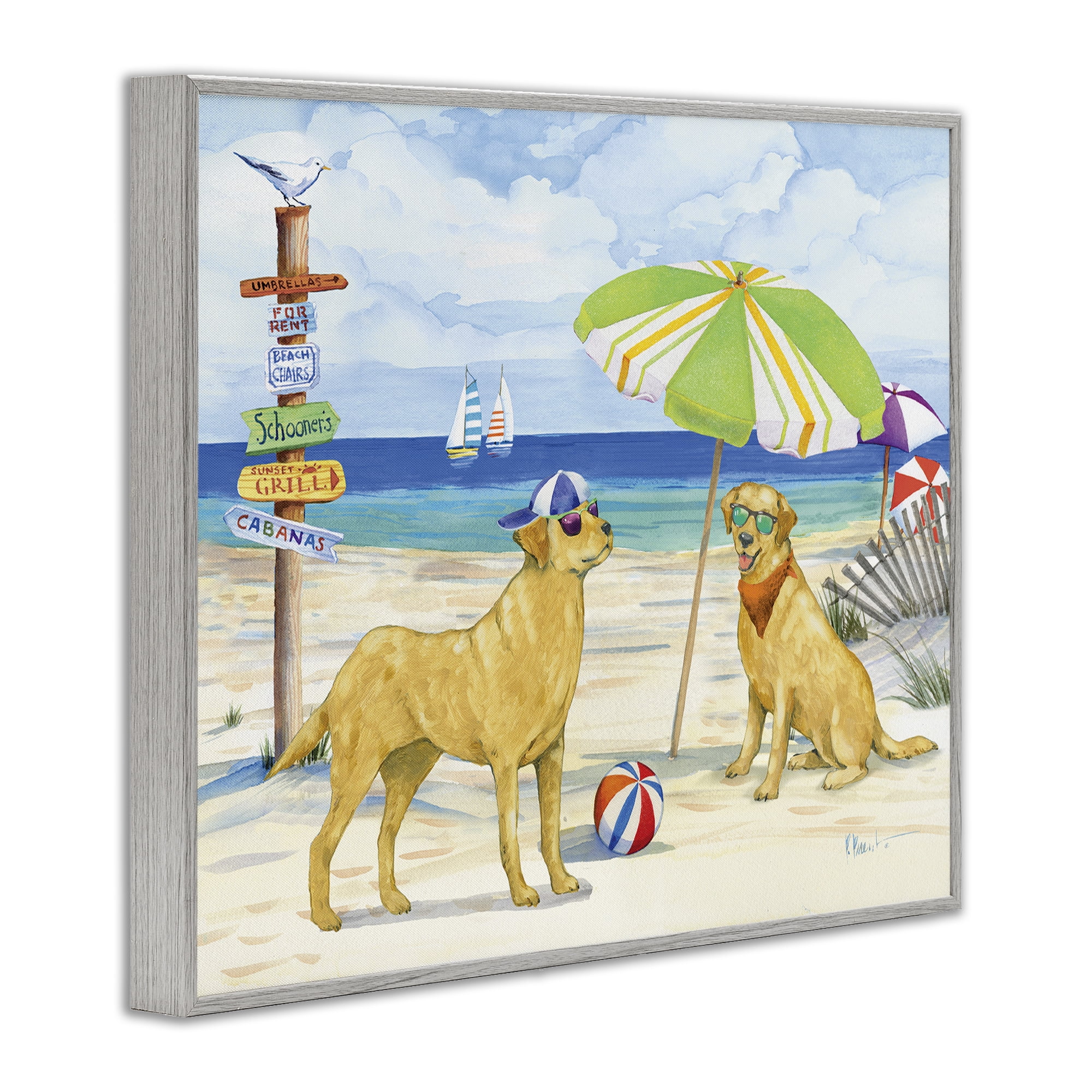 Stupell Industries Dog Day At Beach Animals & Insects Painting Gray Framed Art Print Wall Art, 14 x 11