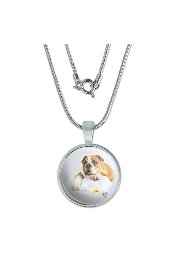 British Bulldog Puppy Dog Bath Towel Rubber Duck 0.75" Pendant with Sterling Silver Plated Chain