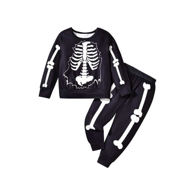 FOCUSNORM Little Boy Halloween Outfit Skeleton Print Long Sleeve Sweatshirt Elastic Waist Pants 2Pcs Set for Fall Winter