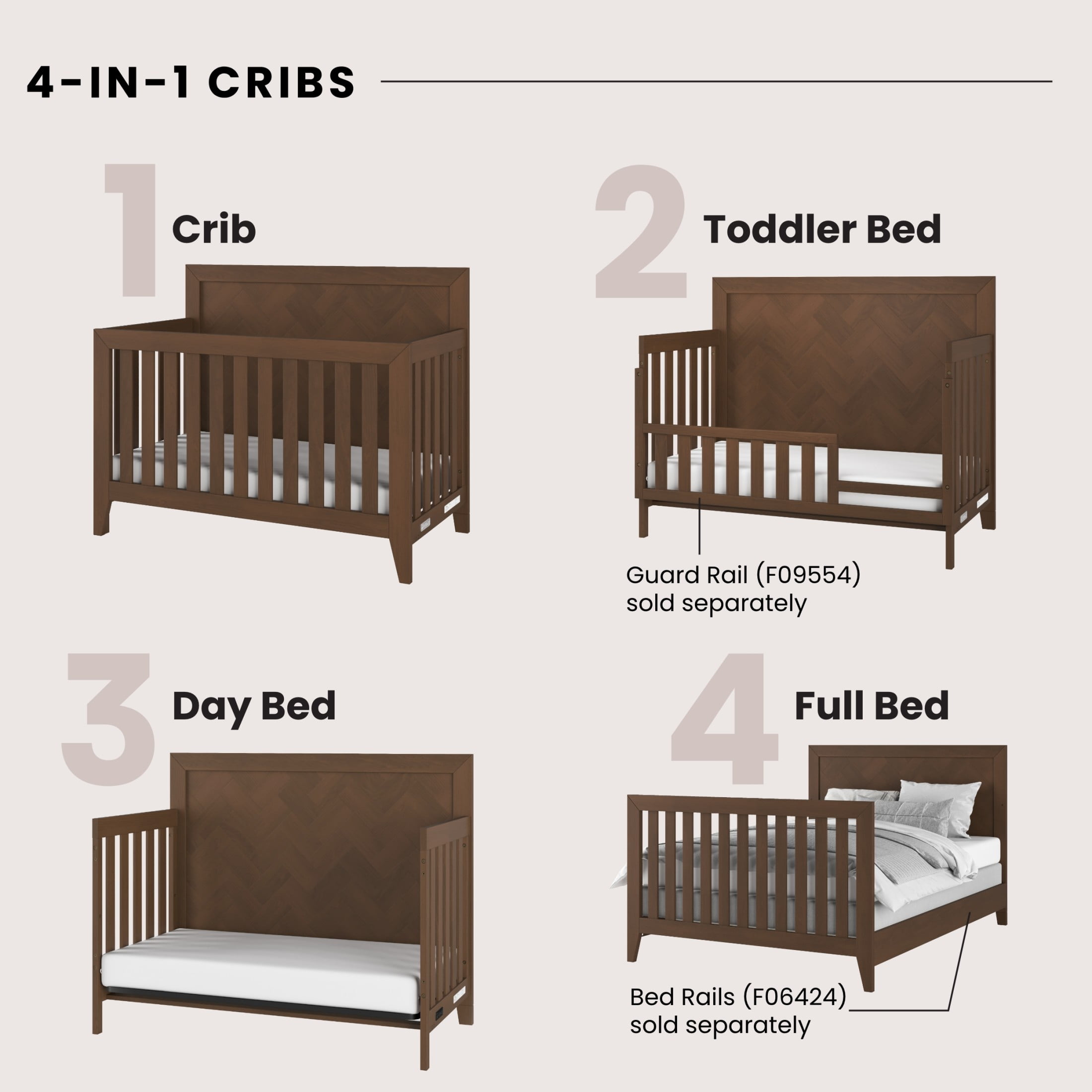 Child Craft Kieran 4-in-1 Convertible Crib, Herringbone Panel Design, 2 Mattress Heights, Toasted Chestnut