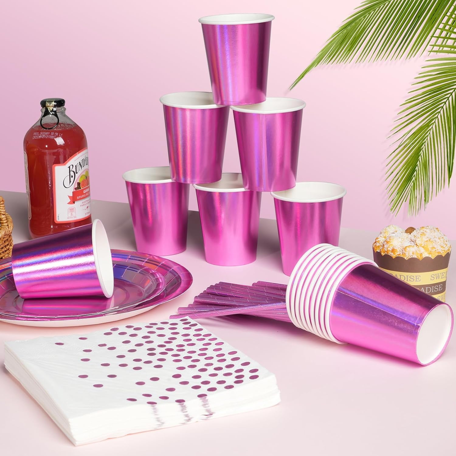 Iridescent Pink Party Supplies Decorations Serve 25,  Disposable Holographic Paper Plates and Napkins Set for Mermaid Disco Birthday Graduation Party