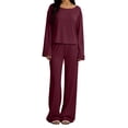 thumbnail image 2 of 2 Piece Casual Outfits For Women Crew Neck Long Sleeve Cropped Tops Elastic Waist Drawstring Pants Loose Stylish Set (L, Wine), 2 of 6