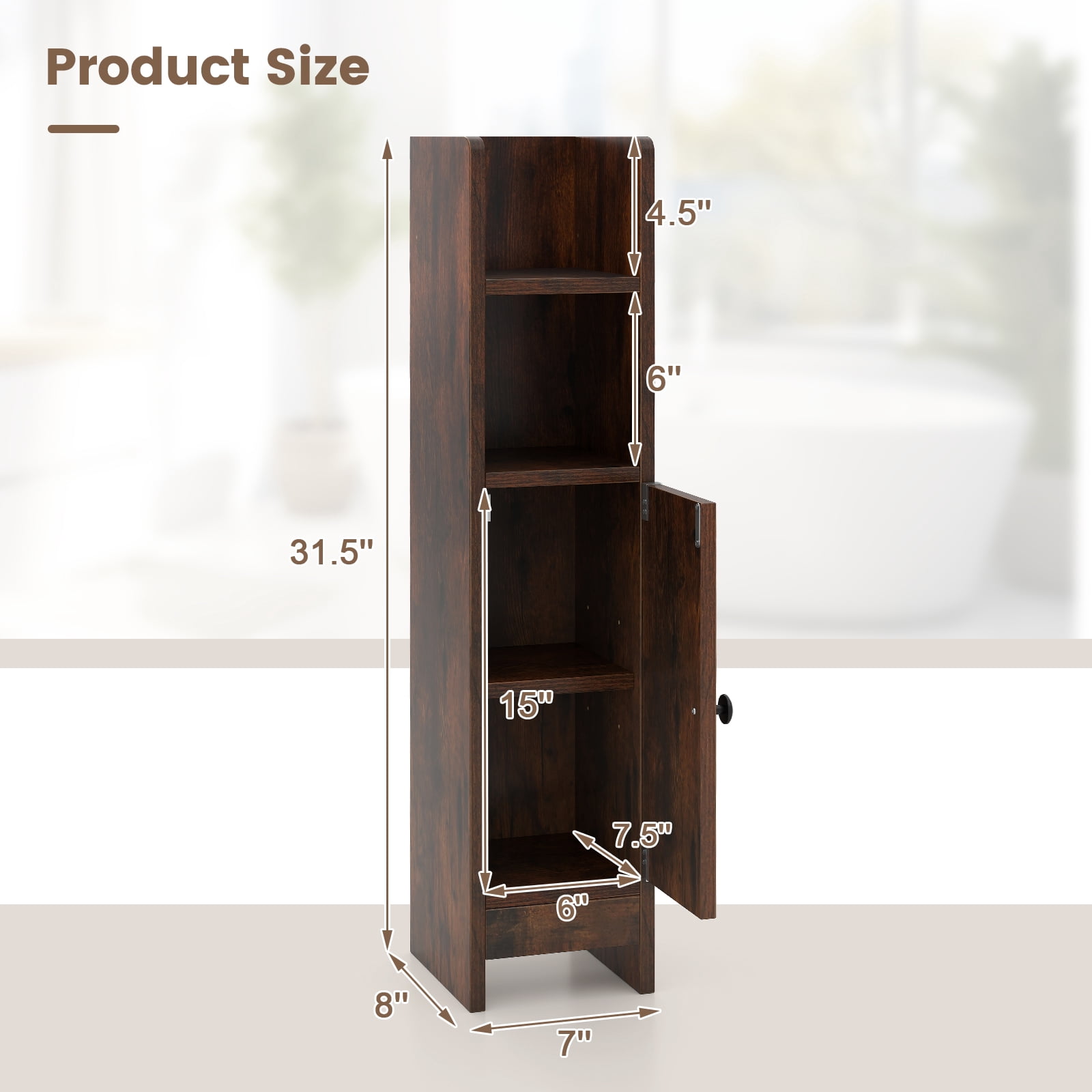 Giantex Slim Corner Bathroom Cabinet, Narrow Floor Cabinet w/ 3-Level Adjustable Shelf, Freestanding Storage Organizer, Brown