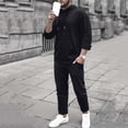 thumbnail image 2 of Wrtxtat Men's Sweatsuit Casual Long Sleeve Drawstrings Pockets Hooded Linen Pullover Solid Color Straight Leg Trousers Pants Sweatsuit Black XL, 2 of 9