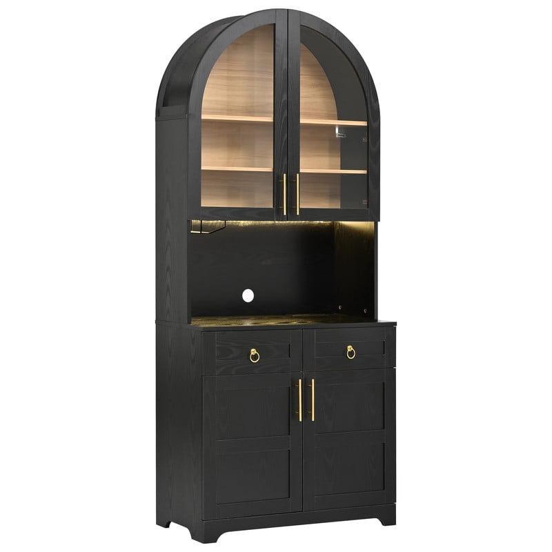 Arched Kitchen Pantry Cabinet with LED Light & Charging Station, Farmhouse Storage Hutch with 2 Drawers, Adjustable Shelves, Glass Doors, Coffee Bar Cabinet for Kitchen, Dining Room