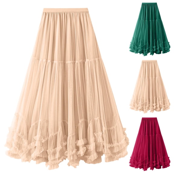 Maxi Skirts Solid Color Elastic Waist Pleated Skirt Womens Summer Casual Flowy Ruffles Skirt Dress