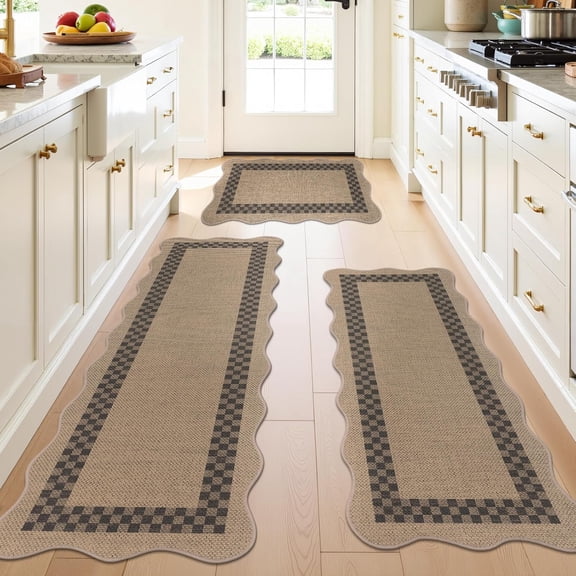 Non-Slip Scalloped Kitchen Rugs Set 3 PCS, 20"x32"  20"x48" 20"x59" Washable Low Profile