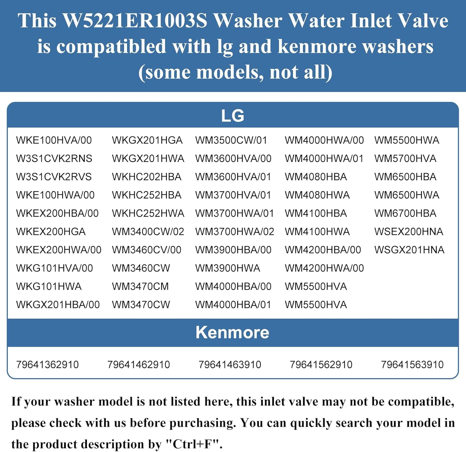 RVKXHD 5221ER1003S Washer Water Inlet Valve Compatible with lg, kenmore: WKE100HVA, WM4000HBA, WM3400CW, WM4000HWA, WM3470CW etc, Replace 4869496, AP6798394, PS12587936, EAP12587936, PD00057211 etc