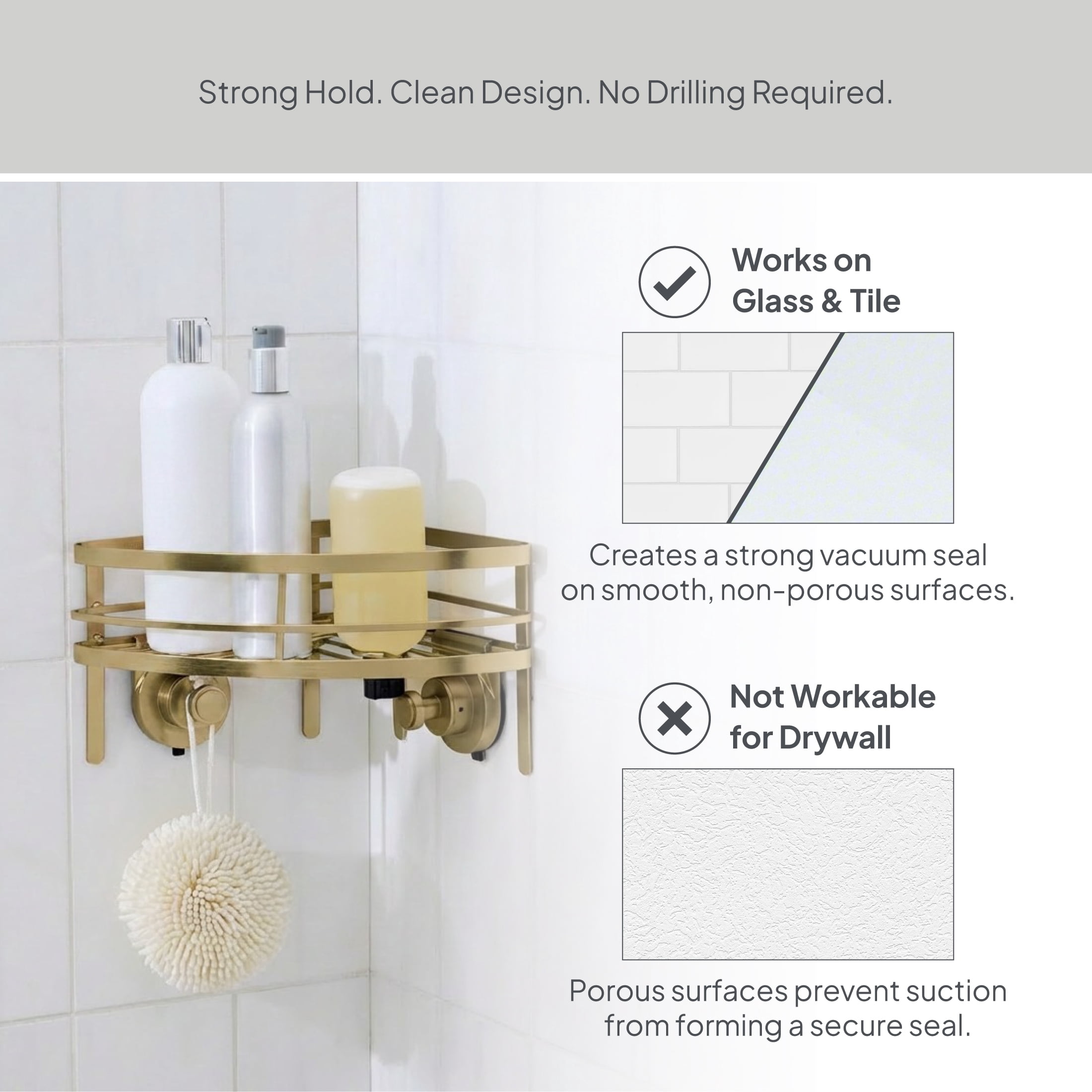 Better Homes & Gardens StyleGrip™ Corner Suction Mount Shower Caddy with Hooks, Brass