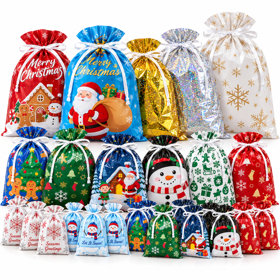40 Pack Christmas Gift Bags with Drawstring, 5 Sizes 13 Festive Designs, Reusable Holiday Bags for Gifts, Toys and Christmas Party