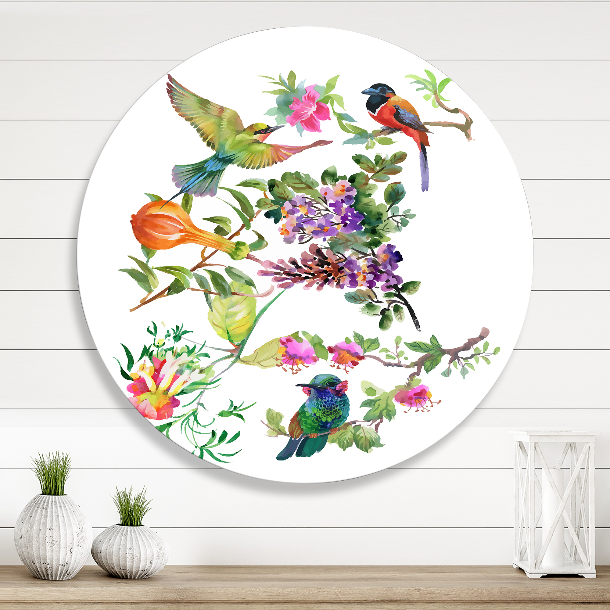 Designart 'Colourful Birds and Tropical Flowers II' Traditional Circle Metal Wall Art 11x11 - Disc of 11