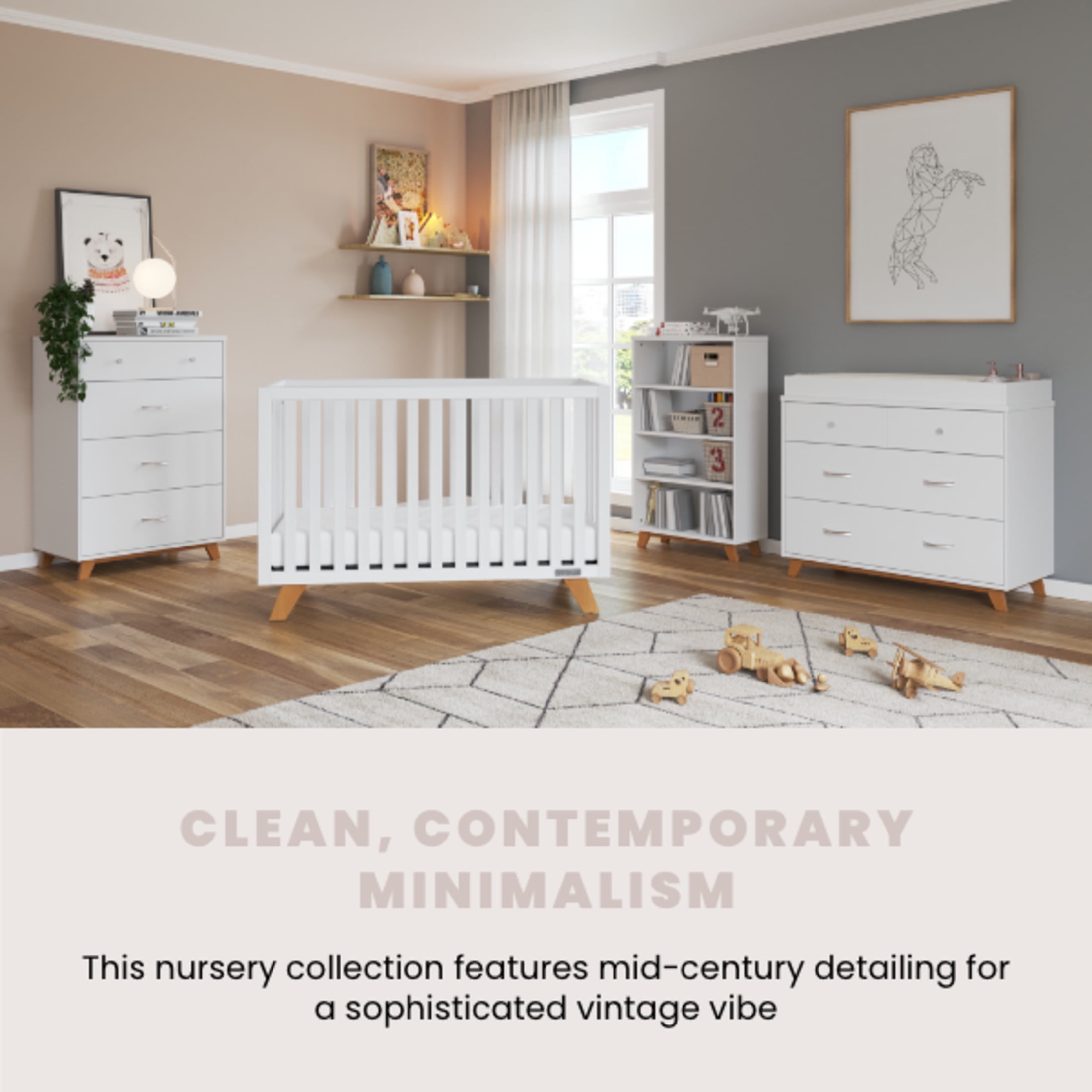Child Craft SOHO 4-in-1 Convertible Crib, Canted Leg Mid-Century Design, 3 Mattress Heights, White/Natural