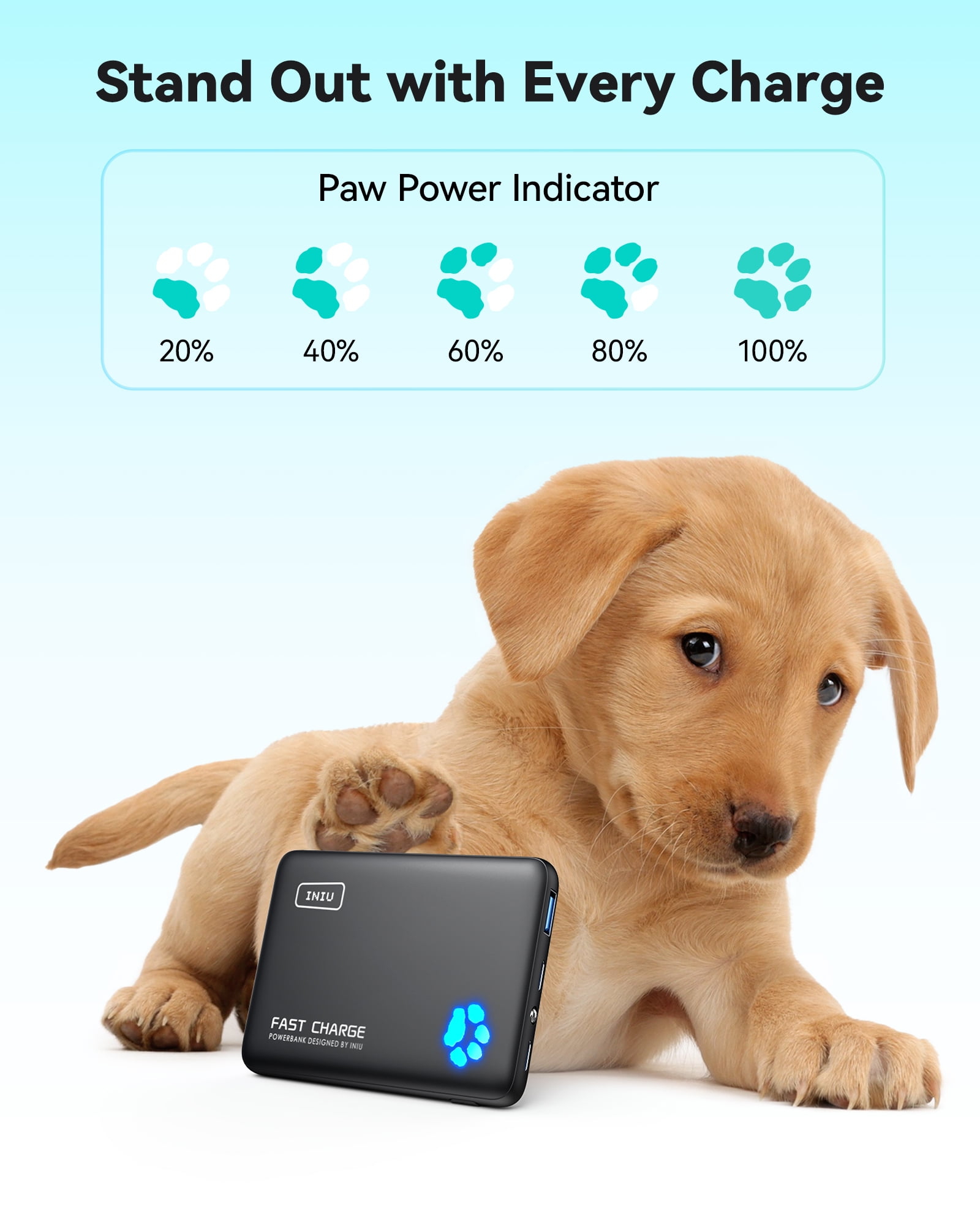 INIU PowerPaw 10K Fast Charging Portable Charger, 10,000mAh Slim Power Bank with Dual Usb C & Usb A Ports Compatible with iPhone, Samsung, Google Pixel, and Tablets