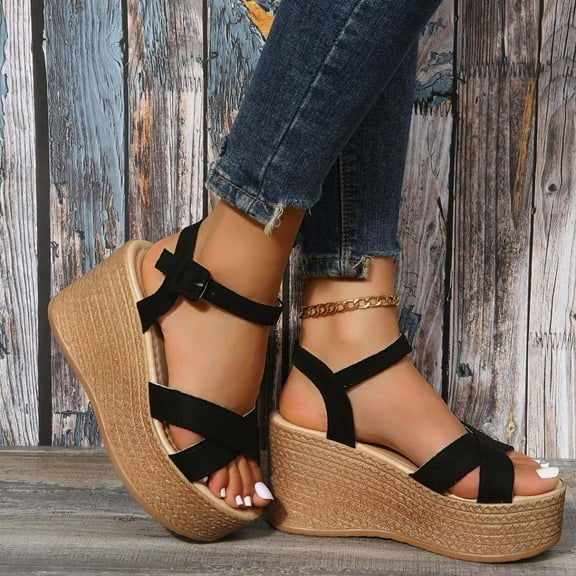 Sandals Women Straw Wedge Platform Slipper Dressy Summer Open Toe Sandals Criss Cross Strap Sandal