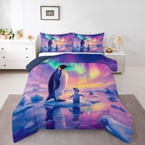 Homewish Safari Penguins Full Size Comforter Sets,Colorful Aurora Bedding Comforter Set,Cute Antarctic Wildlife Bedding Sets For Teens,Luxury Bedroom Decor Reversible,3 Pieces