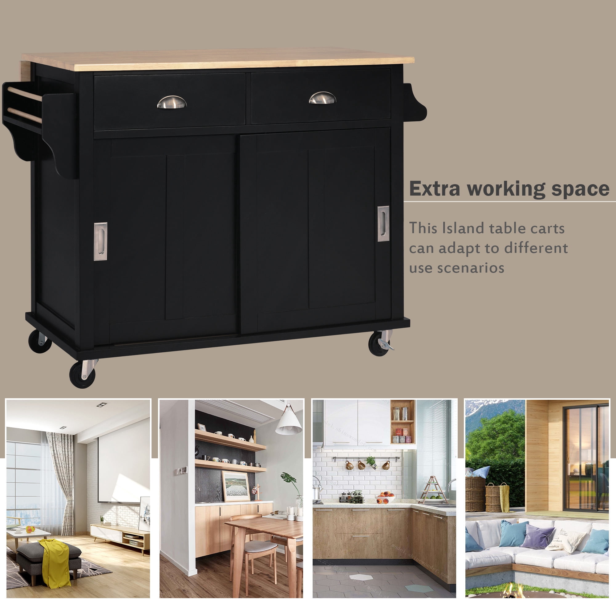DEALTOPS 52.2 inch Kitchen Cart with Rubber Wood Drop-Leaf Countertop, Concealed Sliding Barn Door Adjustable Height, Kitchen Island on 4 Wheels with Storage Cabinet and 2 Drawers-Black