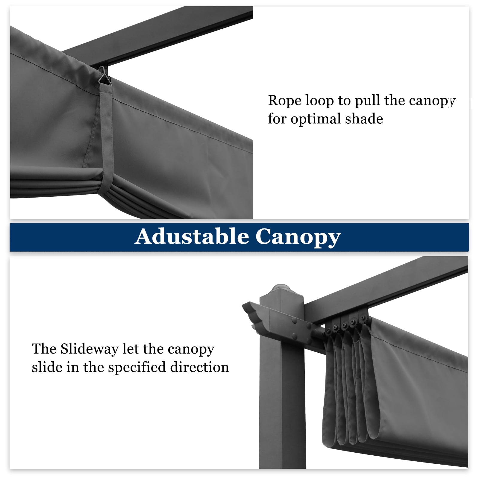 Retractable Canopy Metal Pergola, Heavy Duty Powder Coated Iron Frame Patio Pergola with Adjustable PA Coated Oxford Fabric Shade Canopy for Backyard Garden Lawn, Dark Gray 143.1" x 101.4"