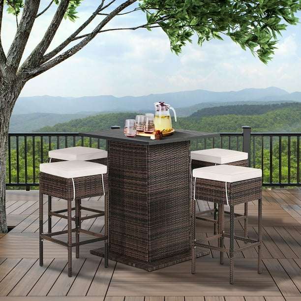 Gymax 5PCS Patio Bar Set Rattan Bar Furniture Set w Table 4