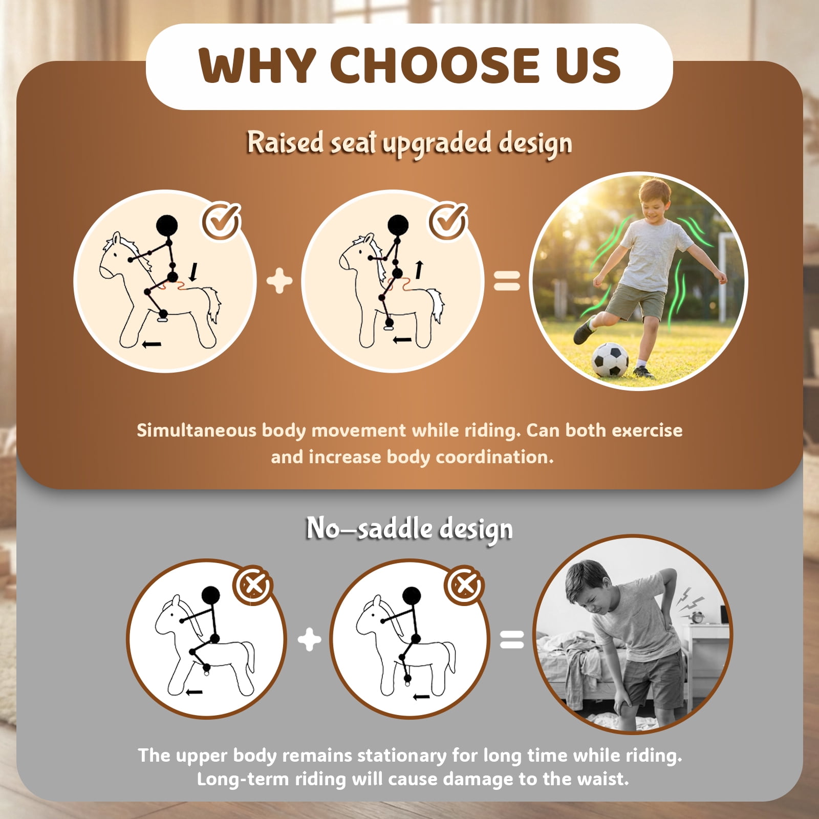 WondeRides Ride on Rocking Horse Boys Toy Chocolate, Plush Walking Animal Ride on Pony Cycle Mechanical Riding Horse for Kids Age 3-5