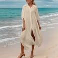 thumbnail image 4 of Uaswgudfs Women's Collared Button Down Swimsuit Cover Up Knot Front Side Split Maxi Beach Kimono Dress for Summer Pool Vacation Beige Free Size, 4 of 9