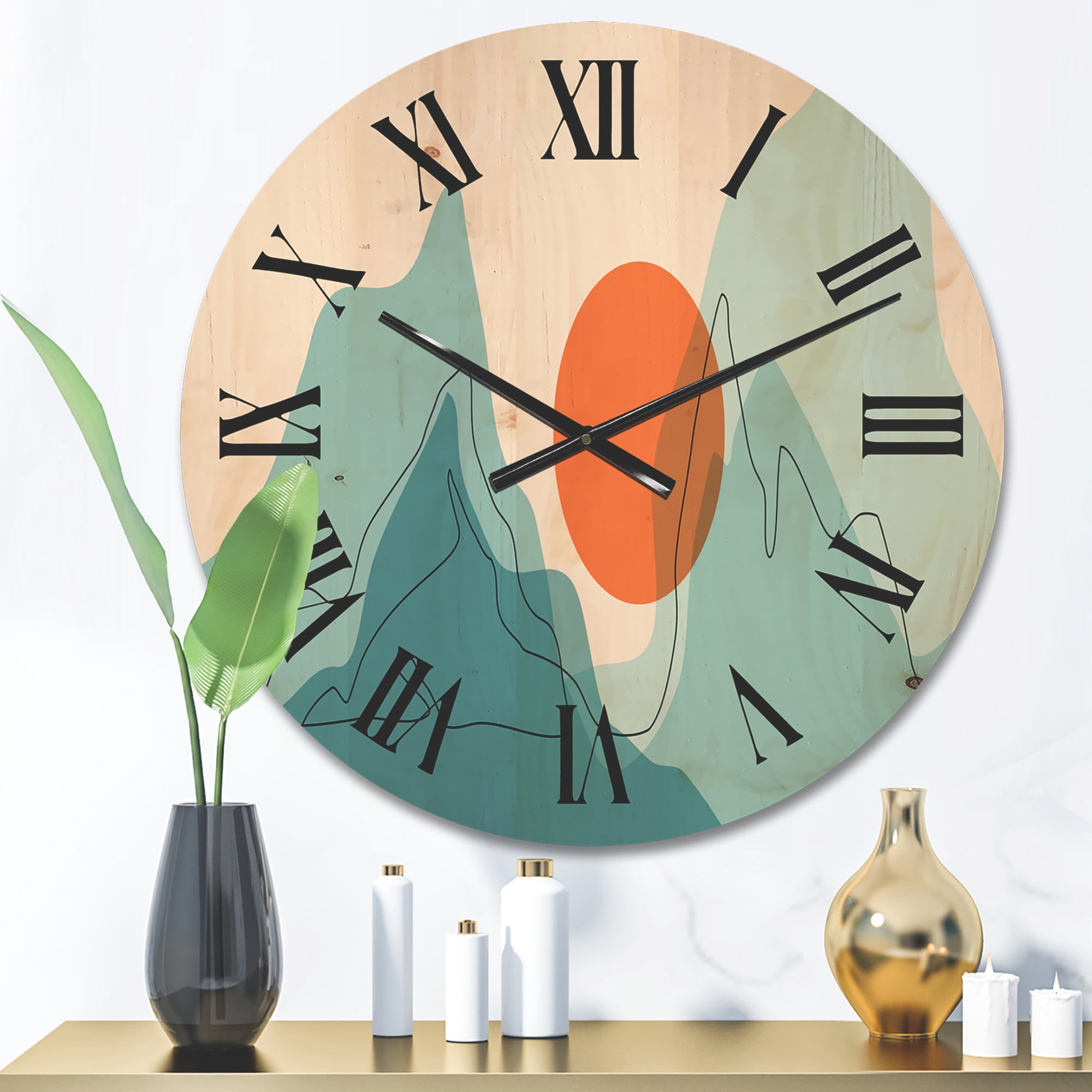 Designart 'Abstract Blue Mountains With Red Moon I' Modern Wood Wall Clock