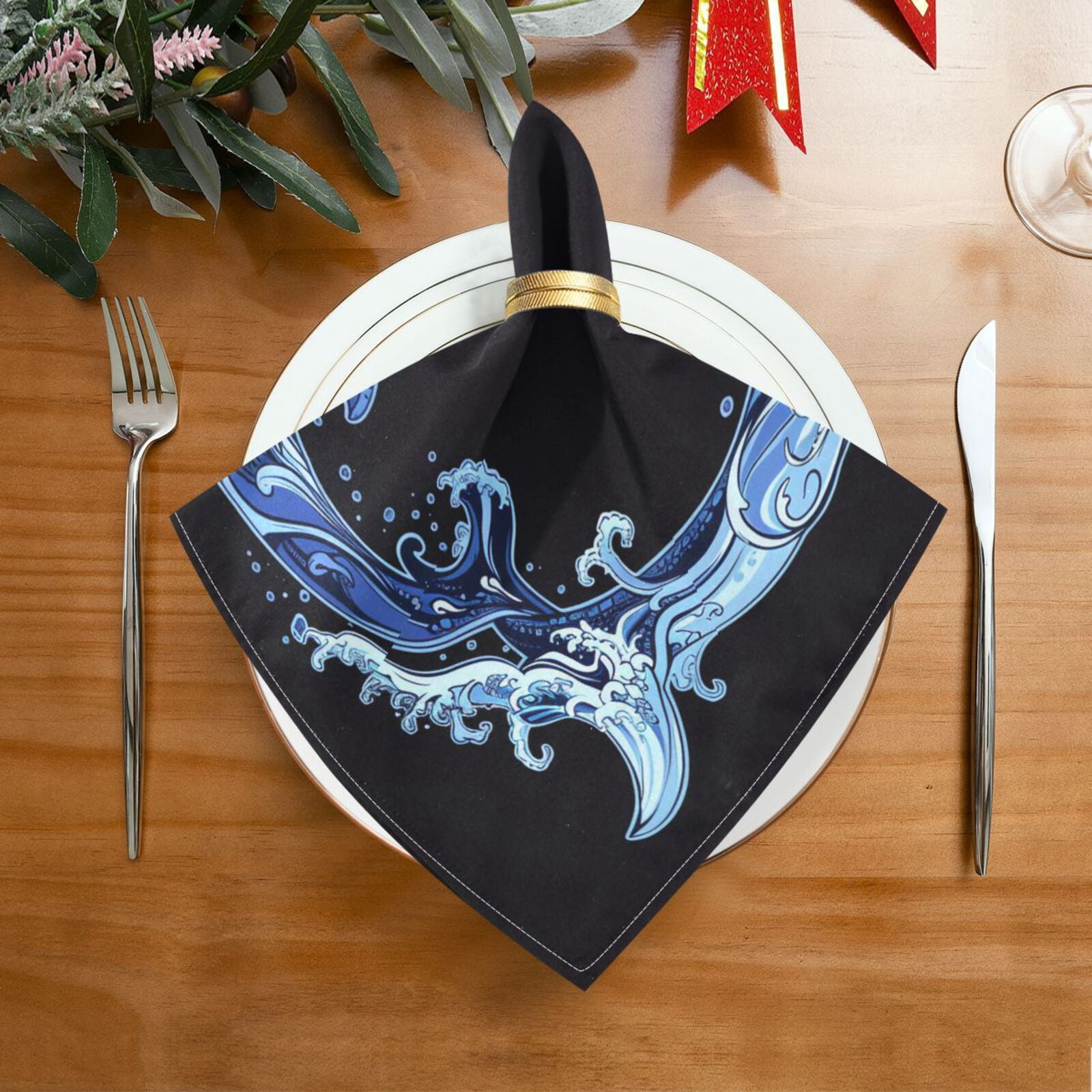 JSTEL Two Whales Sea Wave Cloth Napkins Set of 6, 20x20 Inch Washable and Reusable Napkin for Decoupage Dinner Party Everyday Use