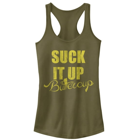 Junior's CHIN UP Suck it up Buttercup  Racerback Tank Top Military Green Medium