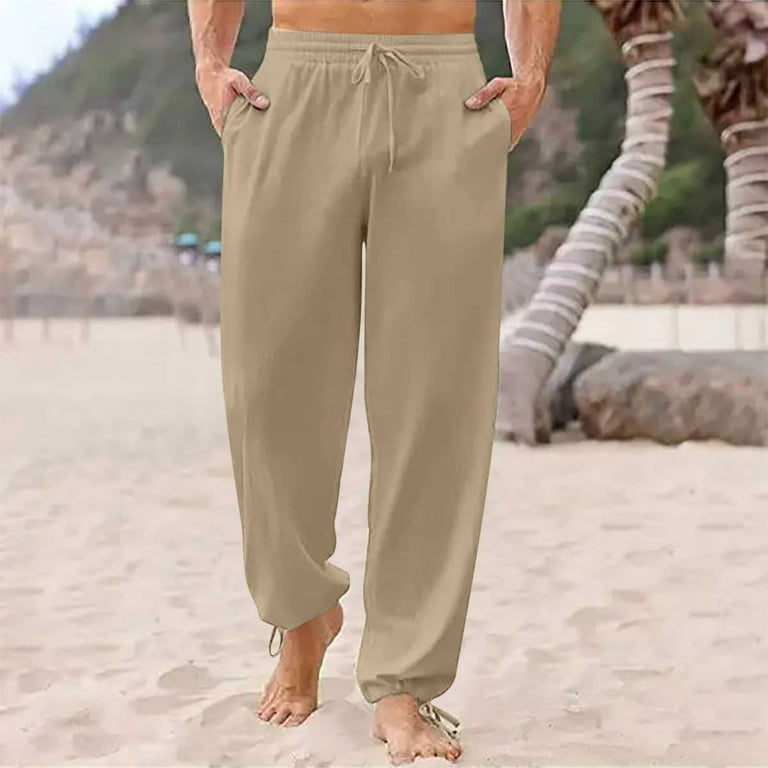 Cotton Linen Pants For Men Lightweight Straight Leg Casual Summer Beach  Trousers Outdoor Hiking Yoga Sweatpants With Drawstring