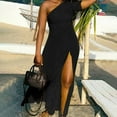 thumbnail image 2 of One Shoulder Dresses for Women Short Sleeve Plain Bodycon Maxi Dress Sexy Summer High Split Beach Party Long Dress, 2 of 7