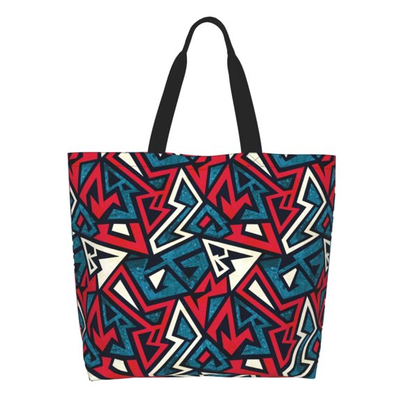 Pofeuu Geometric Elements Print Reusable Grocery Bags - Washable, Foldable, Packable Tote, Large Handles, Heavy Duty, Zippered Top Pouch