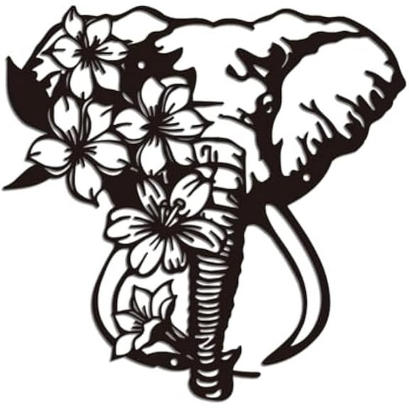 Elephant and Flowers Iron Wall Art Decorations Black Metal Wall Art Decor ELephant Pattern Wall Sculptures for Home Kitchen Bedroom Living Room Office Bathroom Outdoor Indoor Wall Decoration DIY